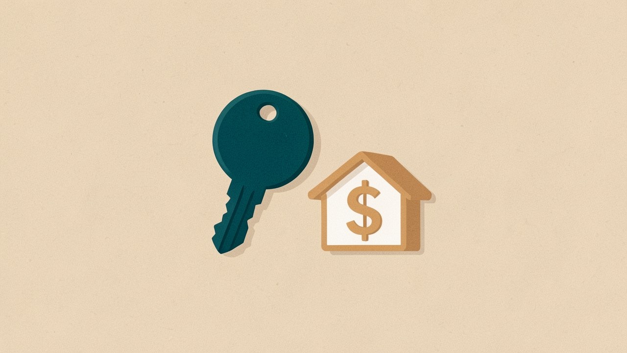 Illustration of a car key and a small house-like shape with a dollar sign, representing a secure loan, set against a warm beige background with soft teal and amber accents.