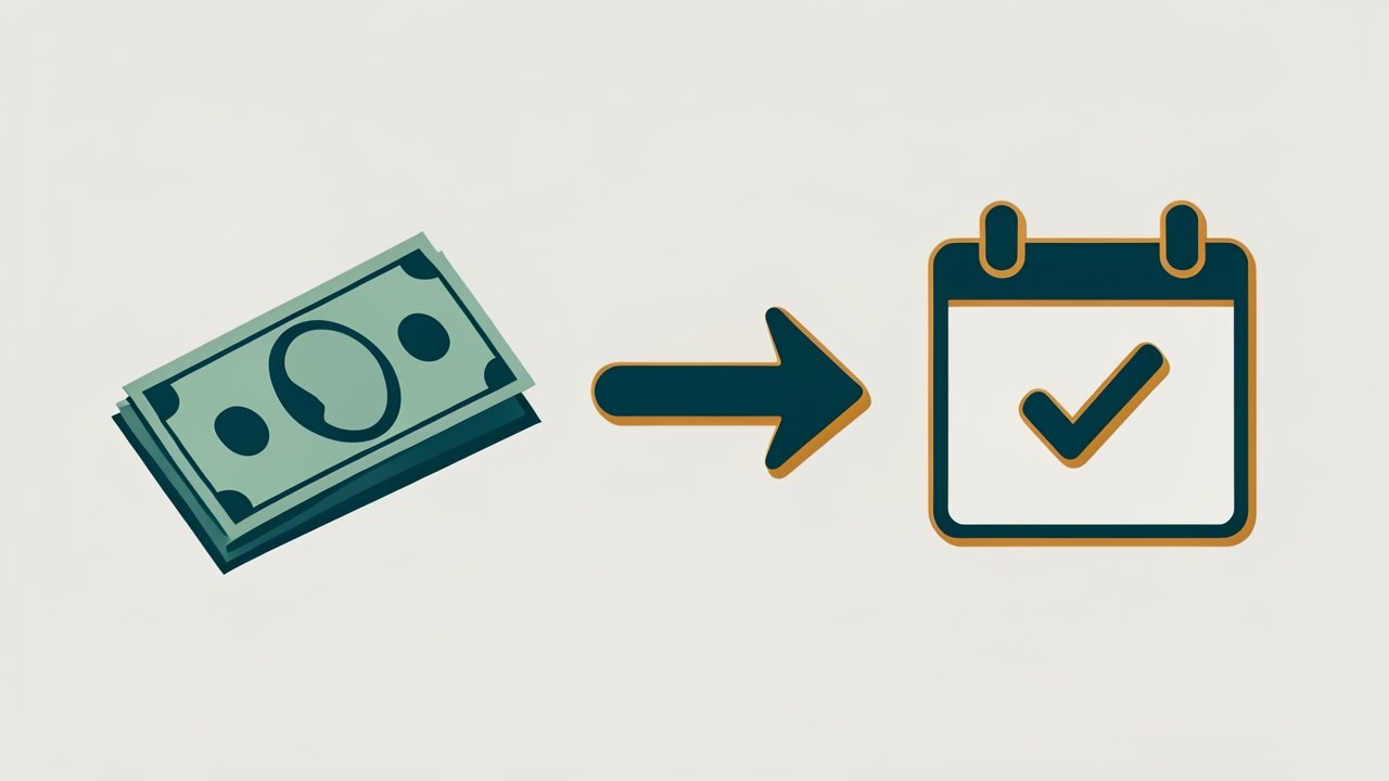 Illustration of a simple loan structure: a dollar bill on the left, a horizontal arrow pointing right to a calendar with a checkmark, representing payment over time.