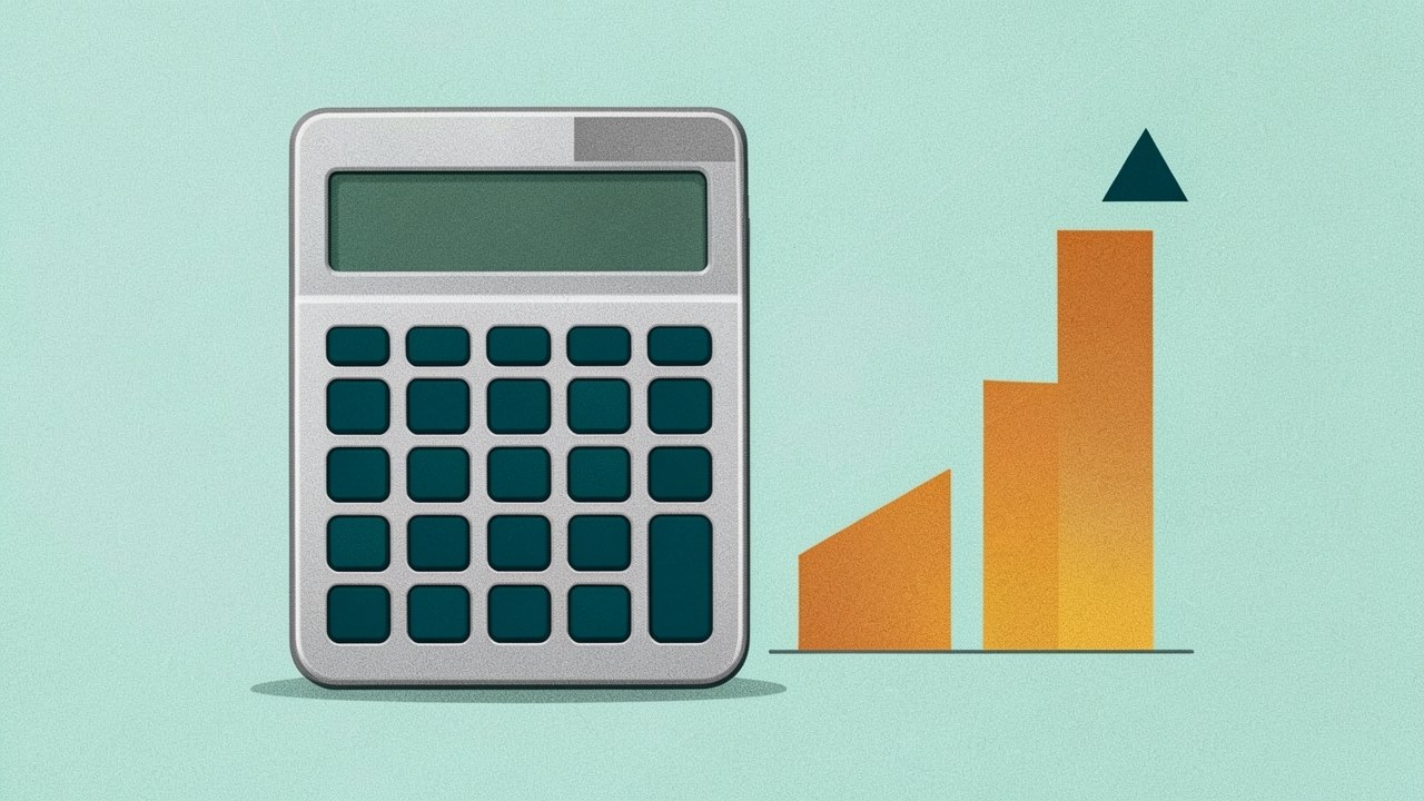 Illustration of a calculator with a coin and a bar chart, symbolizing loan payment calculations, on a light teal background.