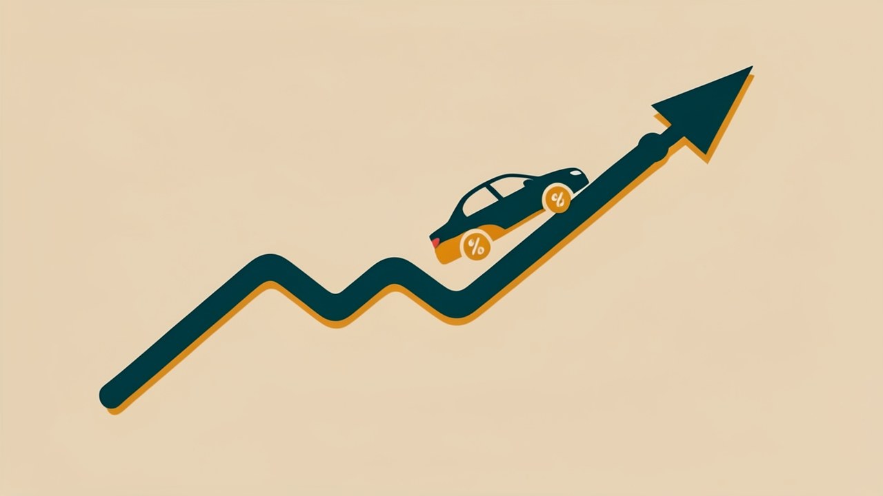 Illustration of an upward trending line graph with a car silhouette and a percentage symbol, representing interest rates, on a warm neutral background.
