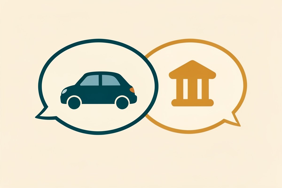 Illustration of two overlapping speech bubbles with a car and a building inside, representing comparison between different loan options.