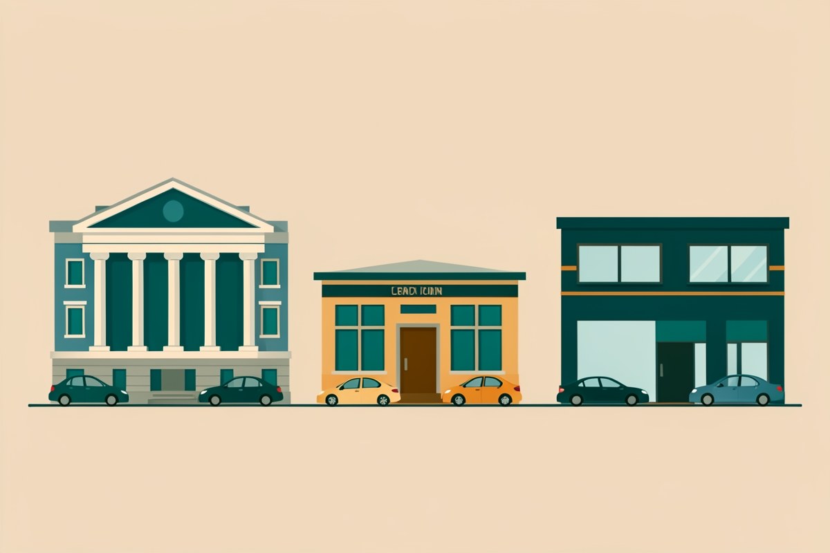 Illustration of a row of different buildings (bank, credit union, online lender) with cars in front, representing various types of lenders.
