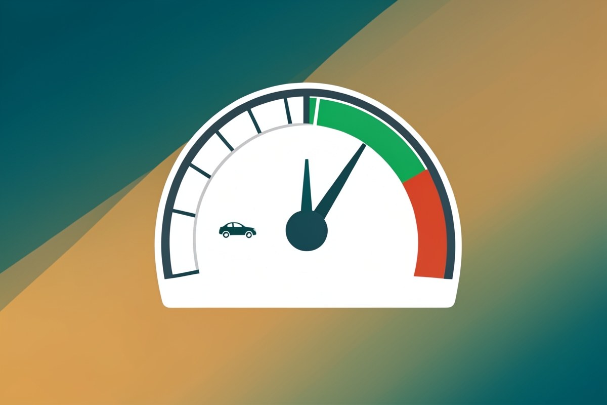 Illustration of a speedometer gauge with a needle pointing to 'good' zone, symbolizing credit score, on a light background.