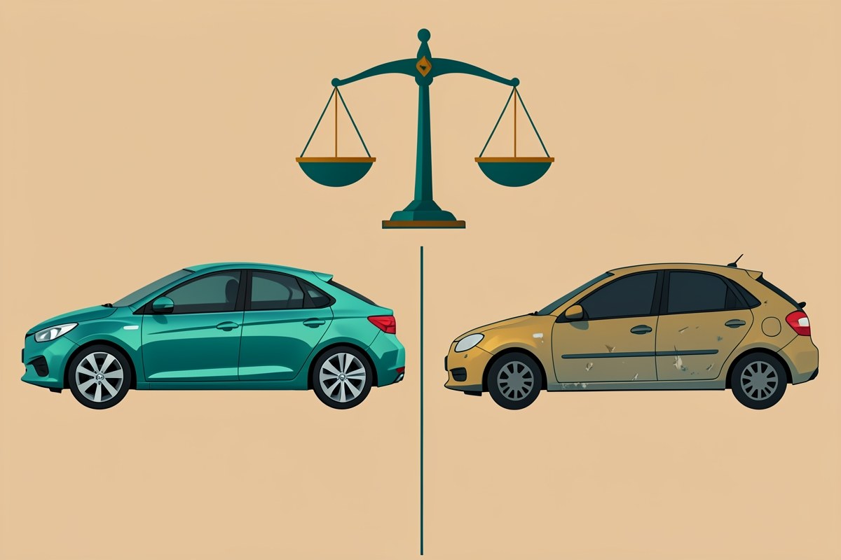 Illustration of two cars side by side: a shiny new car on the left and a slightly worn used car on the right, with a balance scale above them.