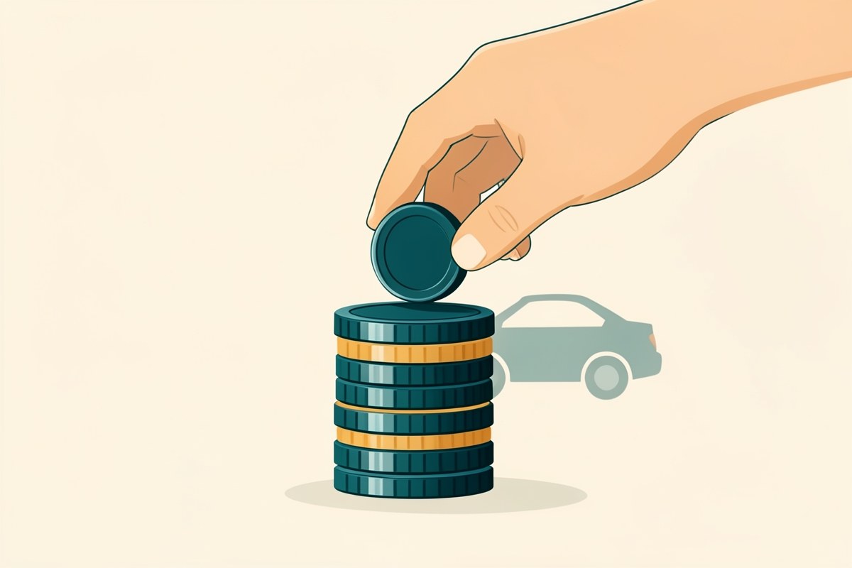 Illustration of a hand placing a coin on a stack of coins, with a small car in the background, representing a down payment.