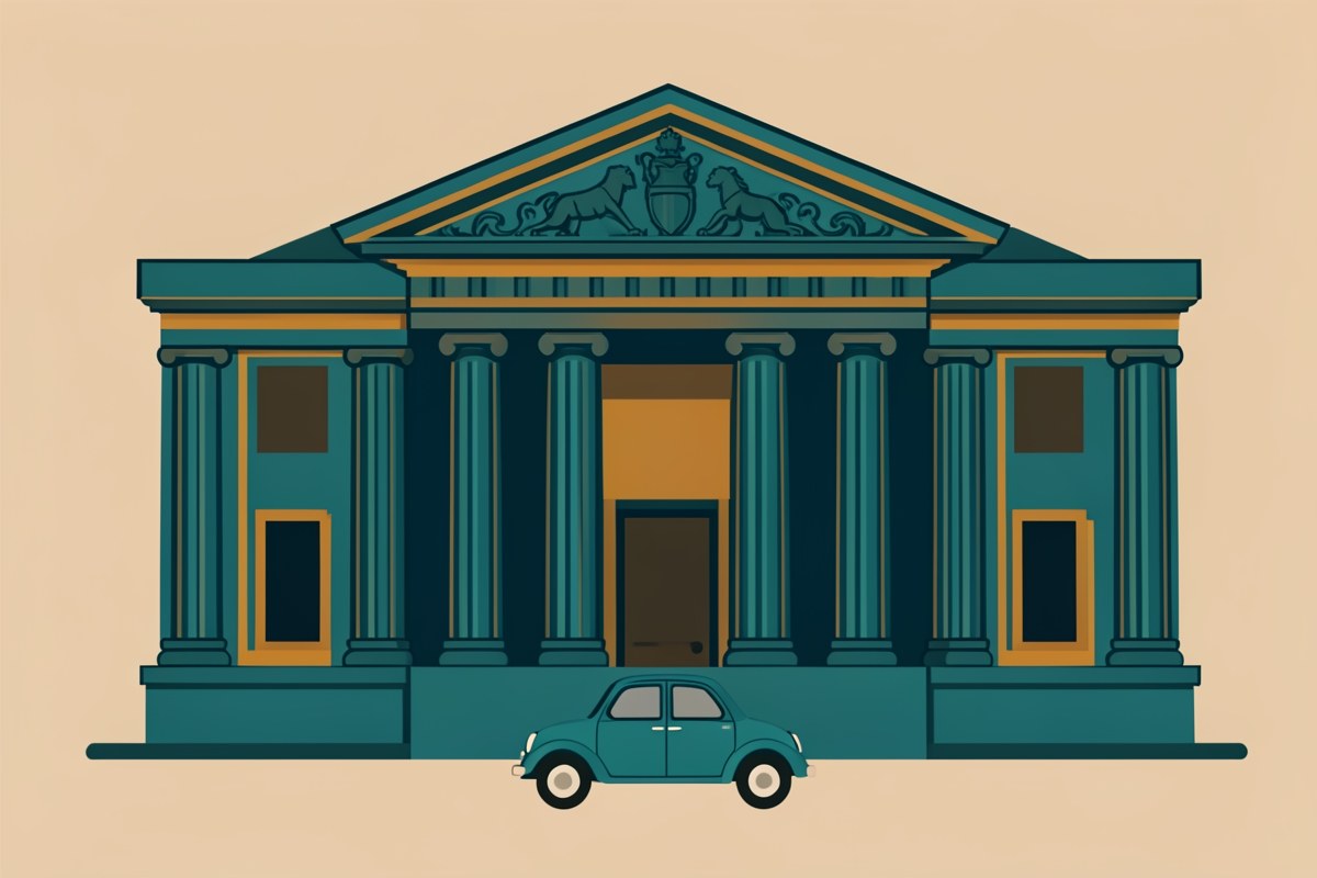 Illustration of a building with columns and a small car in front, representing an institution providing information.