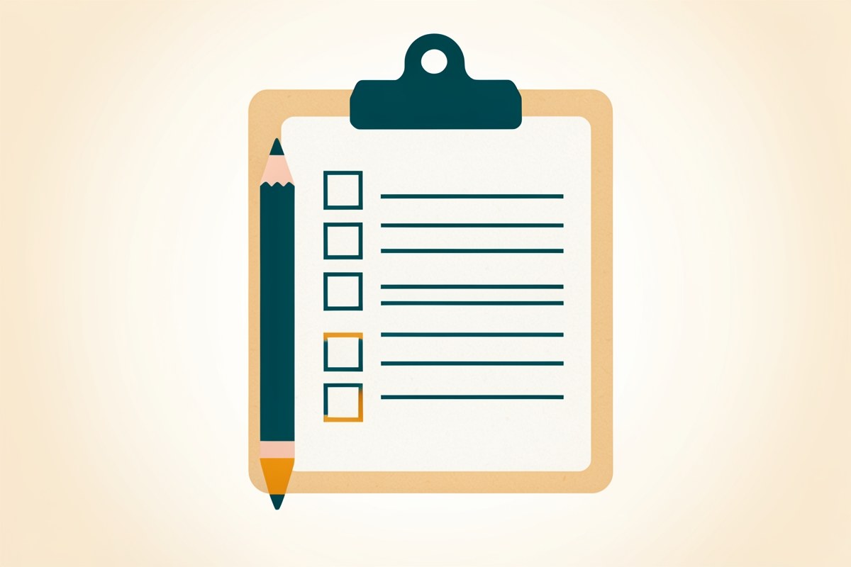 Illustration of a pencil and a checklist on a clipboard, representing editorial standards.