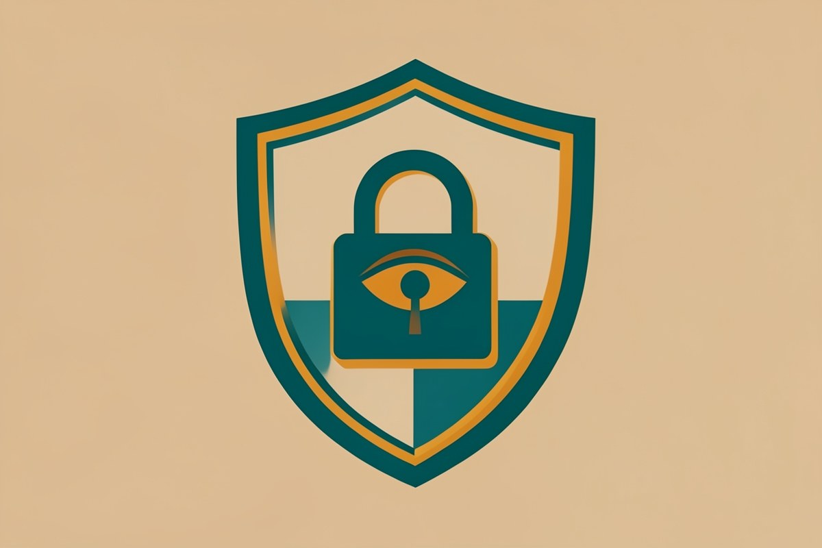 Illustration of a shield with a lock and an eye, representing privacy and data protection.