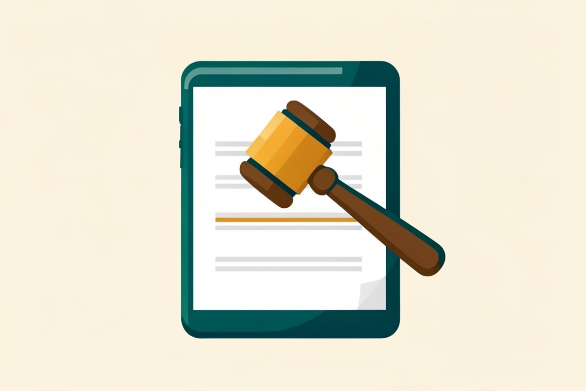 Illustration of a document with a gavel, representing terms of use and legal agreements.