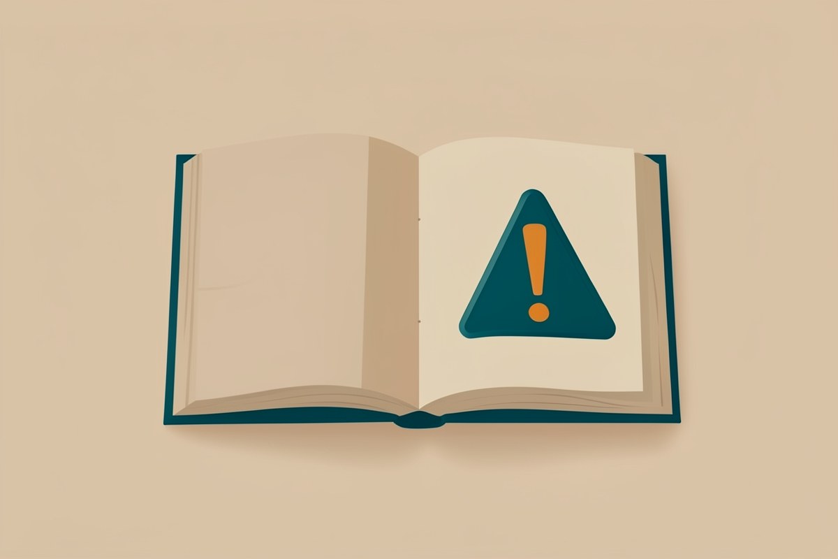Illustration of an open book with a warning triangle and an exclamation mark, representing important information and disclaimer.